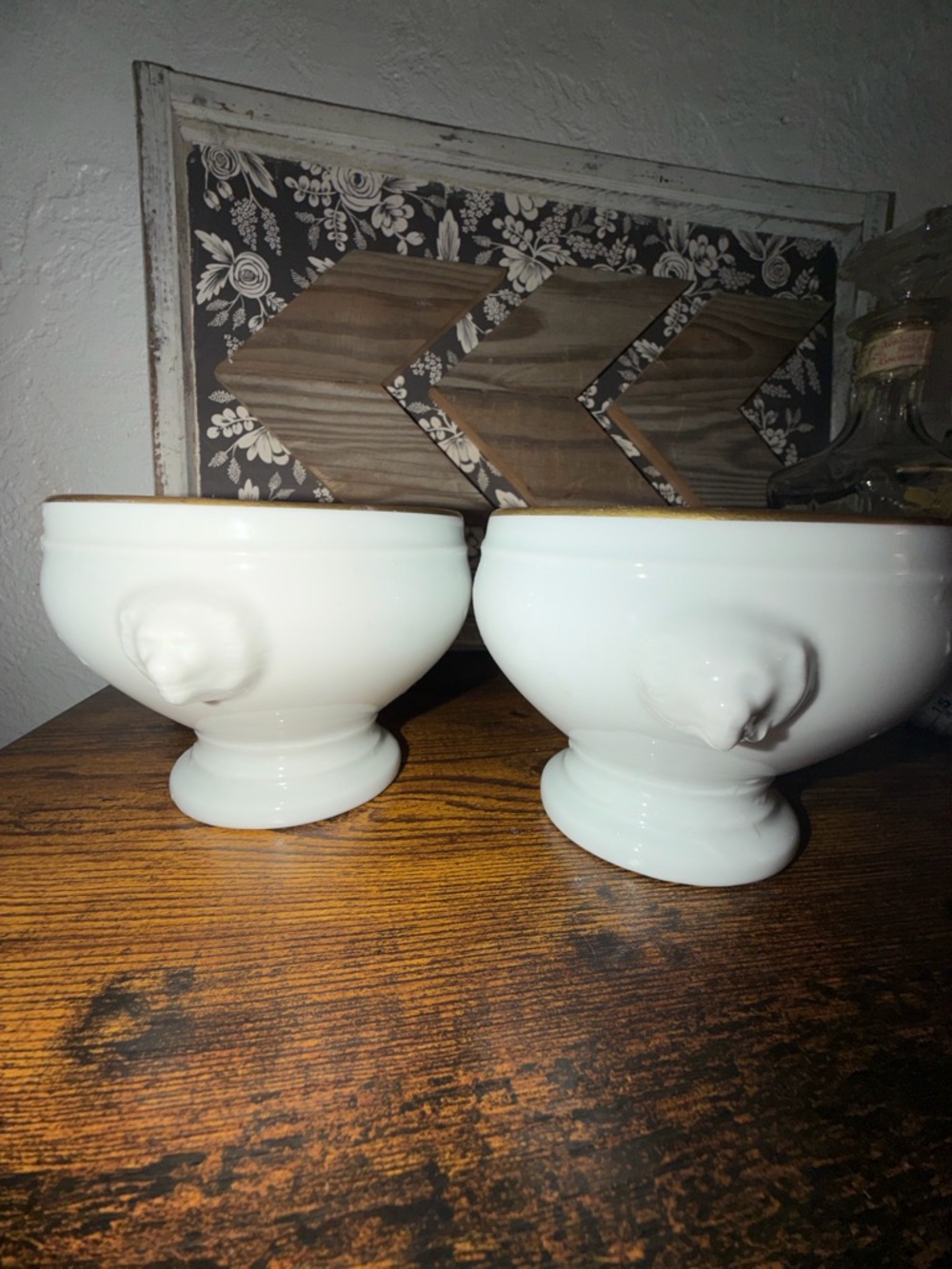 Apilco French white porcelain serving Soup Tureen Bowls With Lion Head Set Of 2